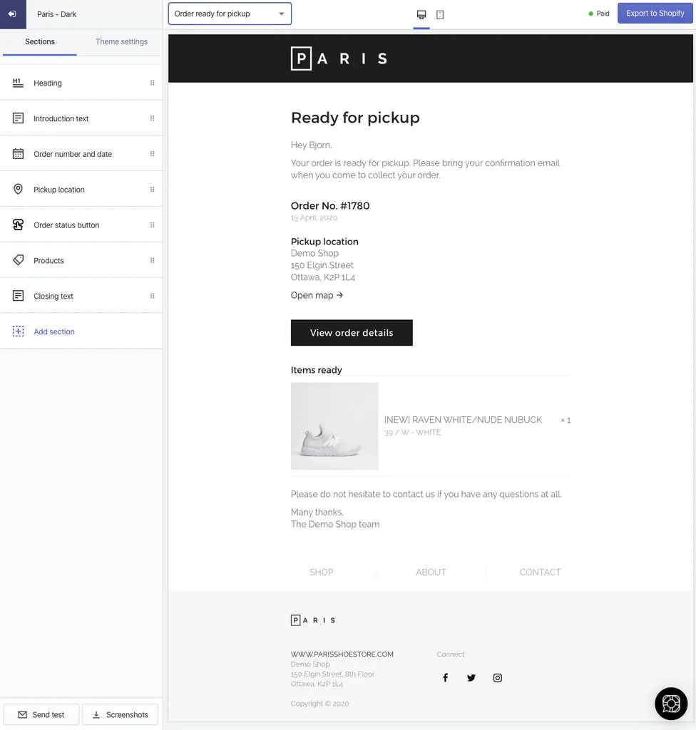 New Shopify emails: Order ready for pickup and order has been picked up