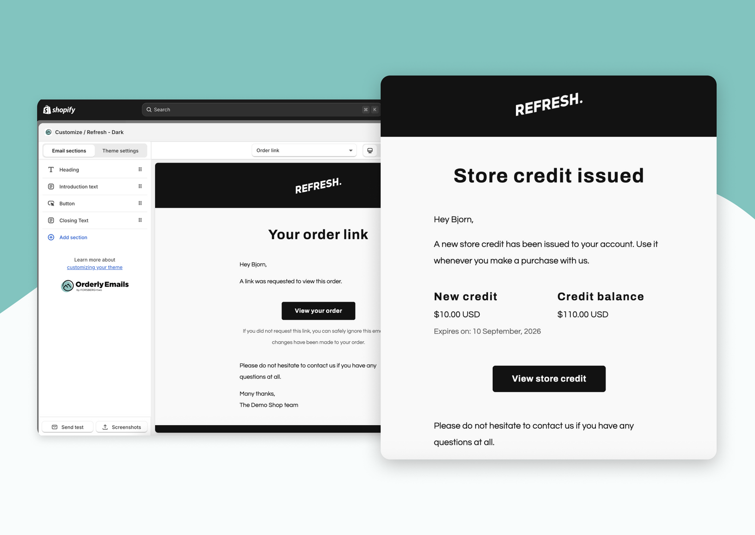 New Shopify emails: Store credit issued & Order link