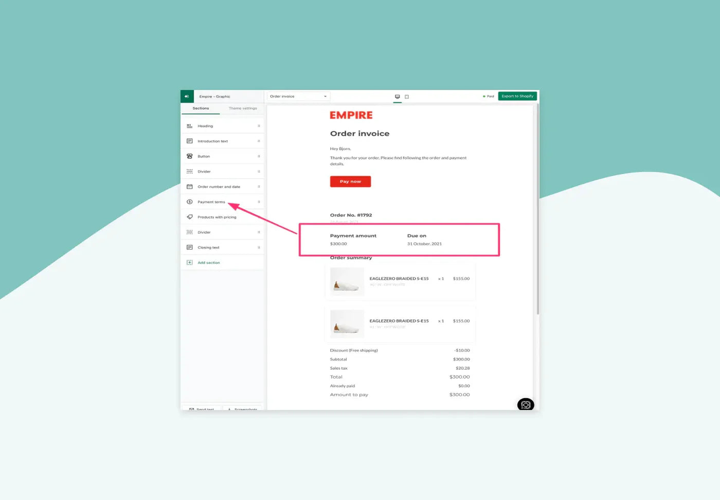 Shopify "Order invoice" email updated with Payment terms